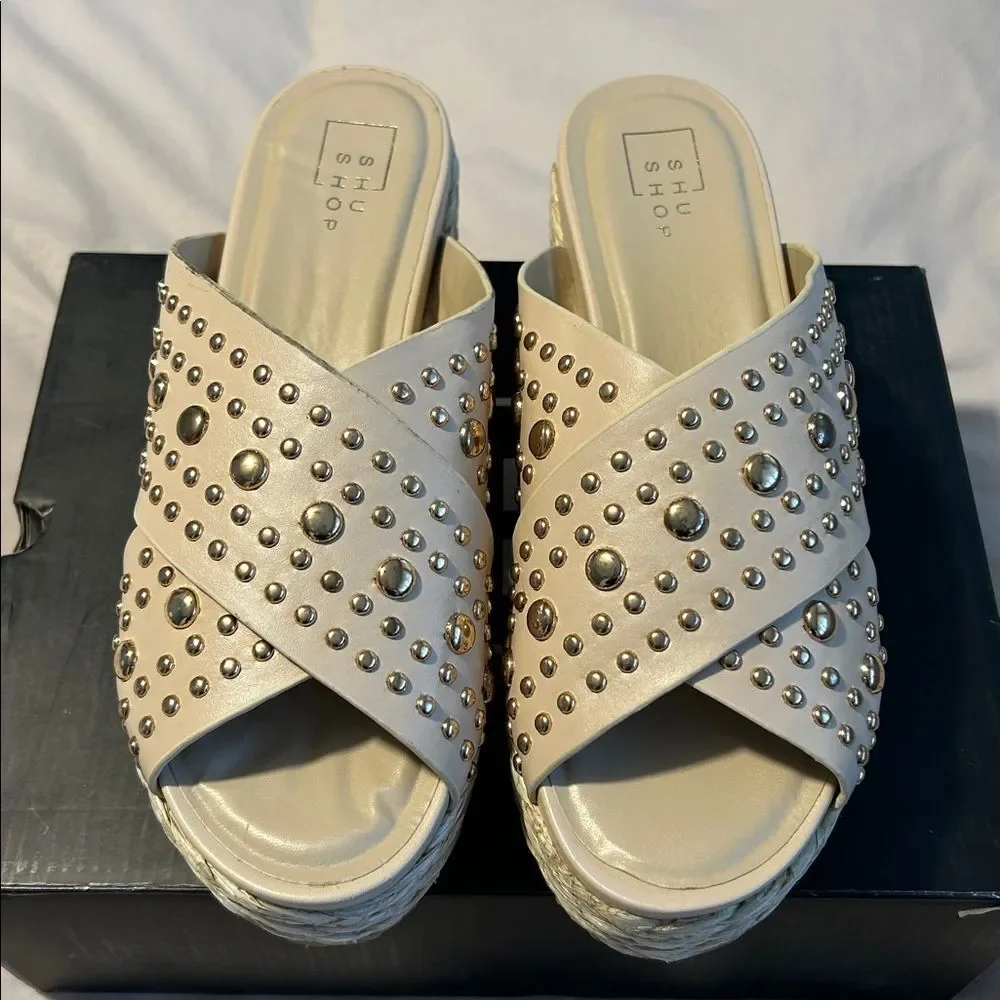 Shu Shop Kaia Beige Studded Platform Espadrille Sandals Size 10 NWT